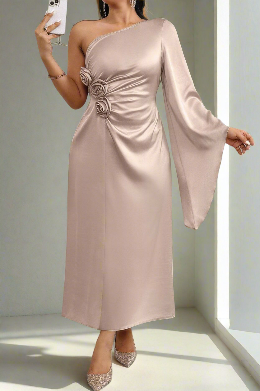 Solid Asymmetric Floral Ruched Flared Sleeve Dress