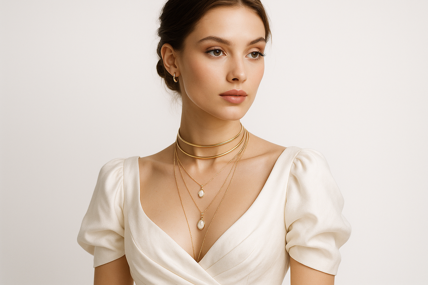 A model preety girl wearing premium dress white with many pendants and neck  rings half photo hd white girl preety 