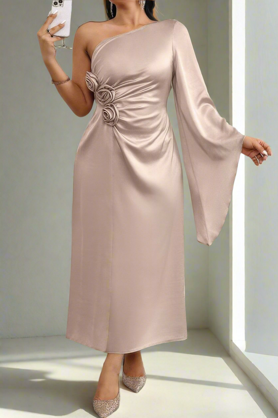 Solid Asymmetric Floral Ruched Flared Sleeve Dress
