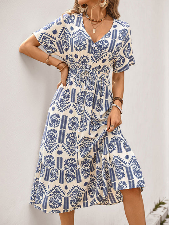 Simple casual A-line ethnic style printed dress